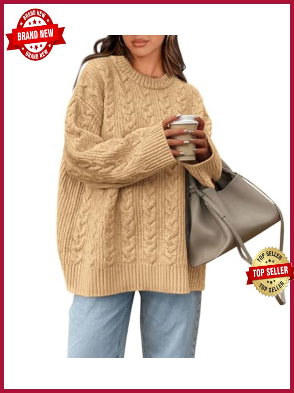 Oversized Cable Knit Crewneck Pullover Sweater